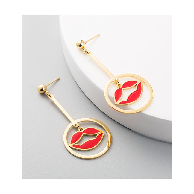 LRC Anting Tusuk Fashion Red Red Lip Hollow Stainless Steel Long Drop Oil Earrings D94821