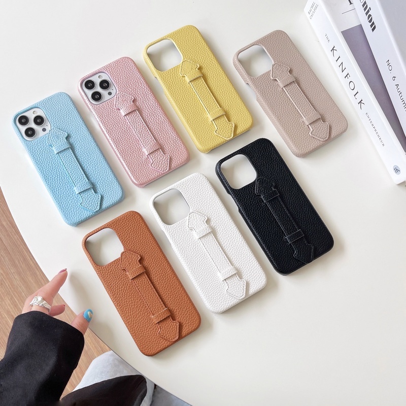 Case Bahan Kulit Tekstur Litchi Dengan Wristband Untuk iPhone 11 12 13 Pro Max