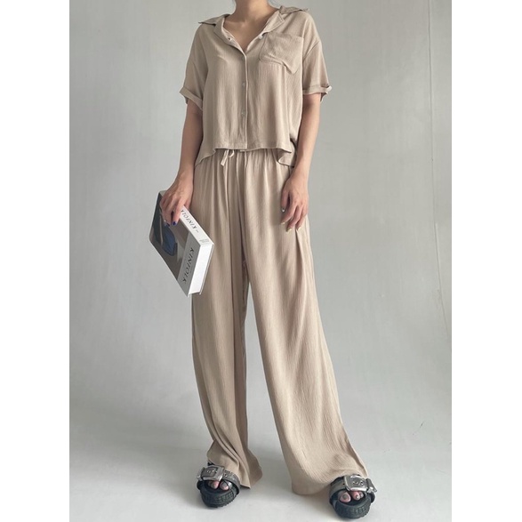 Claire Homewear Set | Rayon Crinkle Comfy Set-Oat