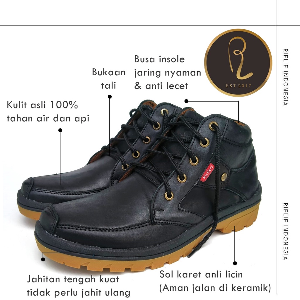 Sepatu Kickers / Sepatu Kerja Pria Laki-laki Terbaru Bahan Kulit Asli 100% / Sepatu But Boots Sol karet harga Murah dan Keren warna Hitam untuk Touring Adventure dan Kerja Lapangan