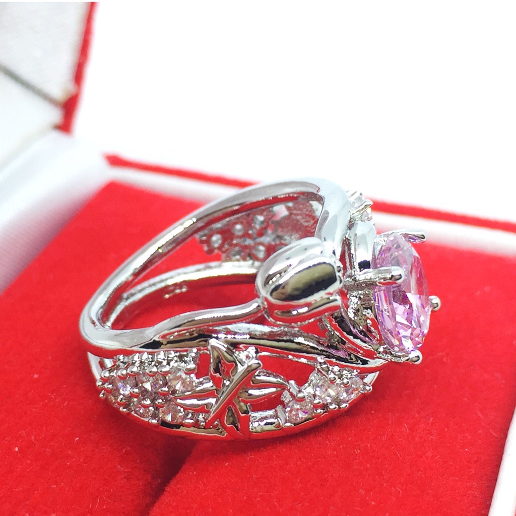 Cincin Lapis Emas Putih Batu Pink Rangka Tebal Bentuk Bunga - BR211