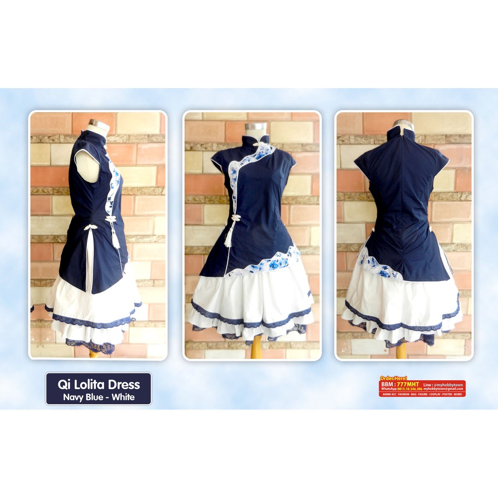 Qi Lolita Dress - Navy Blue Top &amp; White Skirt - Kostum Cheongsam Qipao