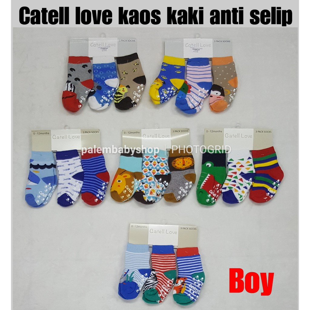 kaos kaki bayi boy&amp;girl anti selip tebal catell love 0-12 bulan 3pcs 114711