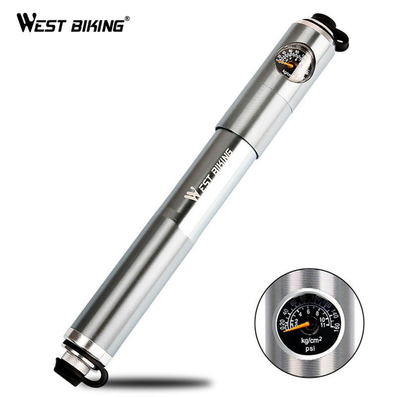 West Biking Pompa Angin Ban Sepeda Mini Portable 160PSI with Pressure Gauge Barometer - Silver