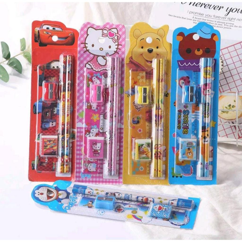 SET ALAT TULIS SEKOLAH 5 in 1 KARAKTER LUCU (pecail , penghapus, penggaris, serutan)