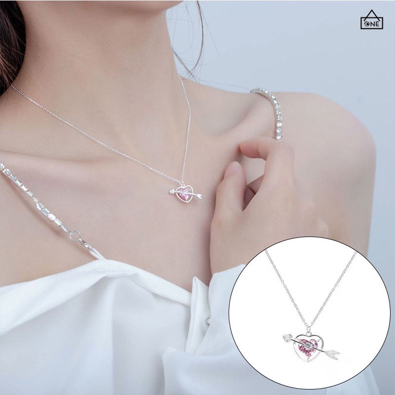 COD❤️Kalung Love Cinta Fashion Korea Perhiasan Bentuk Panah Hati Aksen Berlian Warna Pink Untuk Hadiah Ulang Tahun-A.one