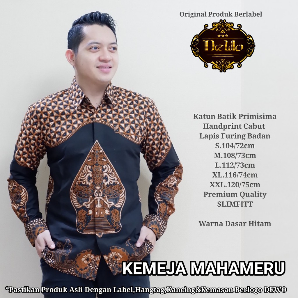 MAHAMERU HITAM Kemeja Batik Pria Lengan Panjang Katun Halus FULL FURING Dewo