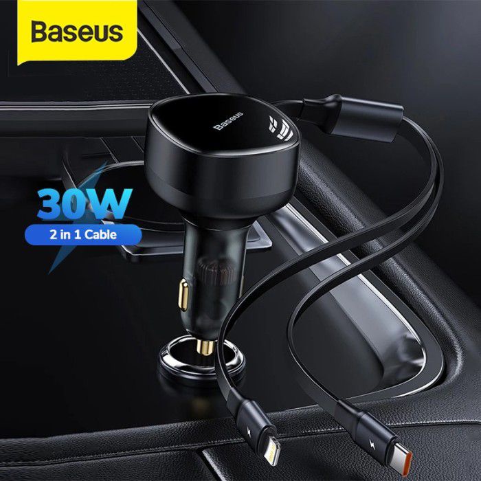 Baseus Car Charger 2 In 1 Cable Built In Type C 6 Lightning 30W Enjoyment Retractable Cable Max 75cm