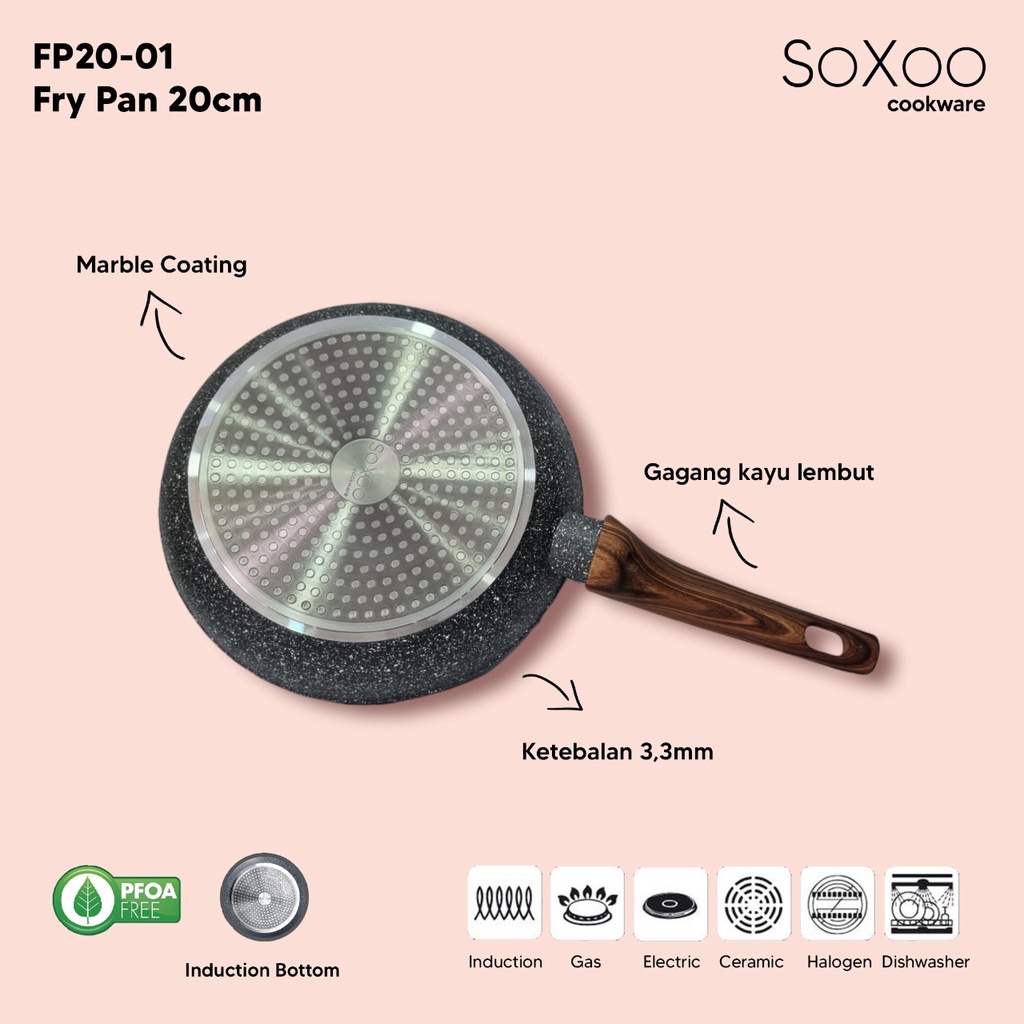 Fry Pan Marble 20 cm Induksi Anti Lengket Frying Wok Pan Soxoo FP20-01