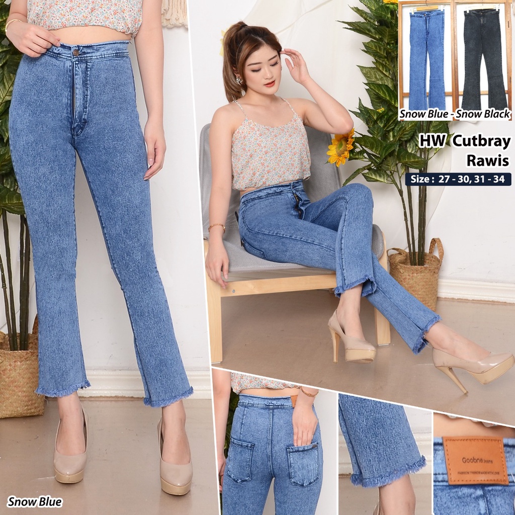 CELANA JEANS CUTBRAY WANITA HIGH WAIST JEANS- Highwaist Cutbray Rawis- Celana Jeans HW Snow Black &amp; Snow Blue