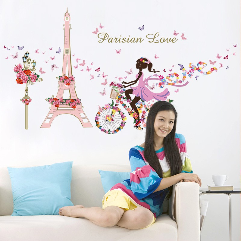 RELIZA Wall Sticker / Stiker Dinding 60X90 FLOWERS GIRL PARIS Eiffel TOWER PINK SK9006