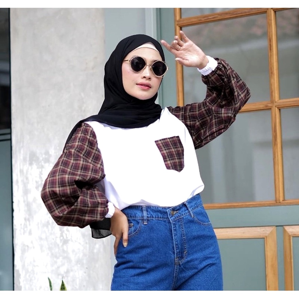 Yola Blouse Kotak Kotak wanita Motif Tartan Linen Atasan Korea Bisa COD