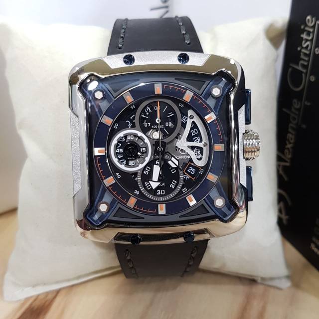 Jam Tangan Keren Elegant Pria Alexandre Christie AC 3030 MC Leather Black Dial Blue Original