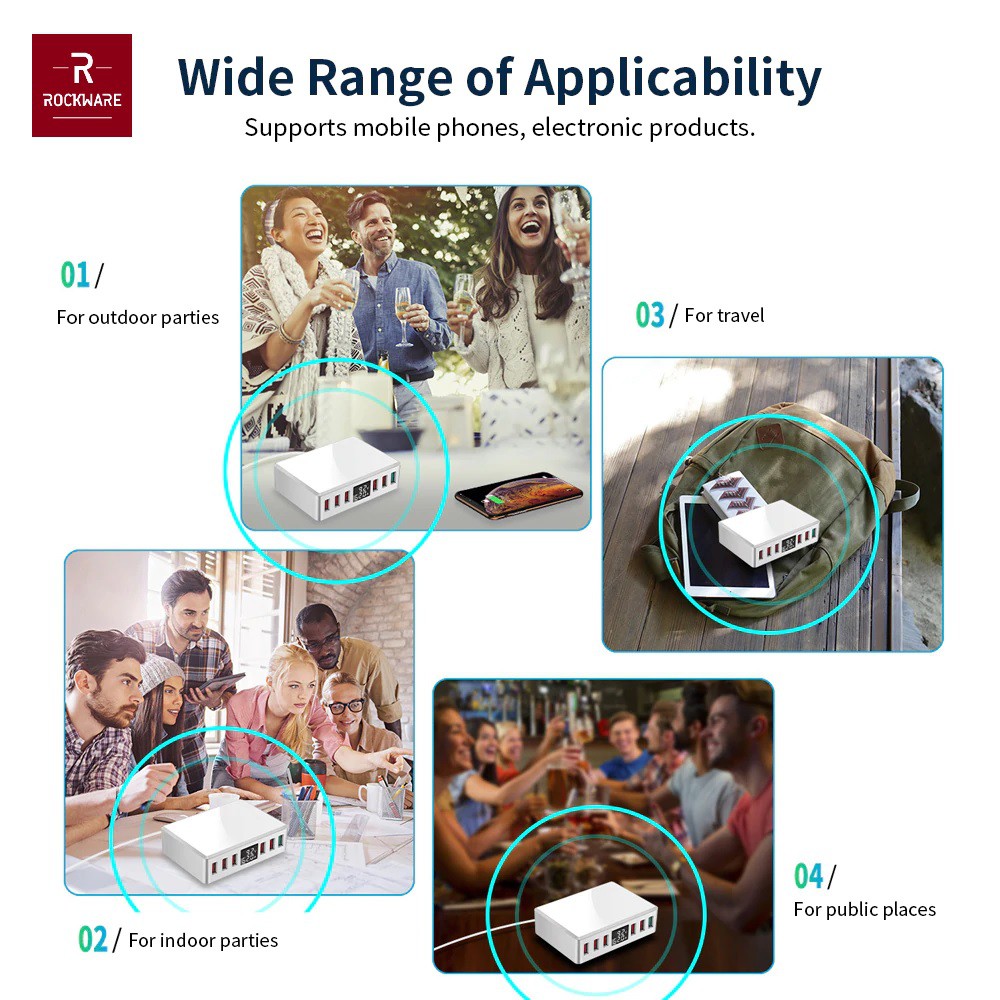 ROCKWARE WLX-T9 Plus - Intelligent 6 USB Charger LED Display - 40W (Charger Multiport Universal)
