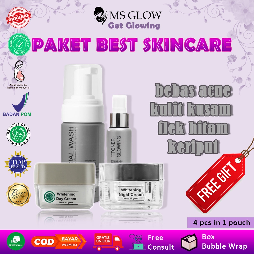 Paket skincare perawatan wajah day night cream crem facial wash toner MS Glow original ori bpom  unt