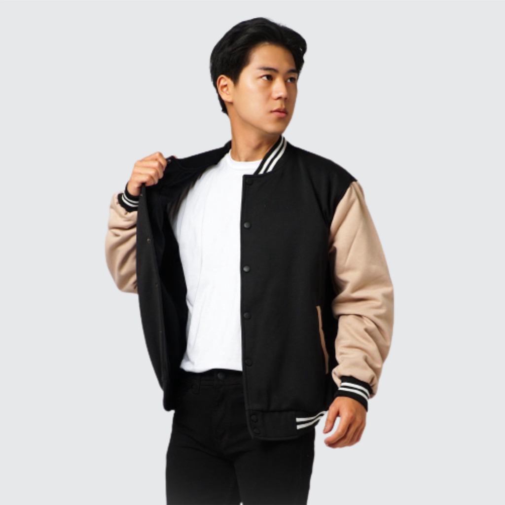 Jacket Pria Bomber Varsity Basic List Cream / Jacket Bomber Varsity / Jaket Pria Original