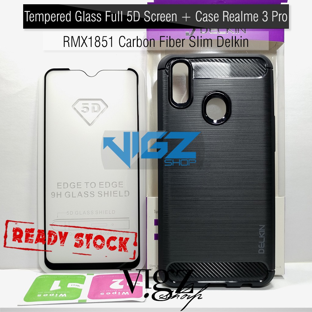 Tempered Glass Realme 3 Pro Full 5D Screen Plus Case Carbon Fiber Slim Delkin