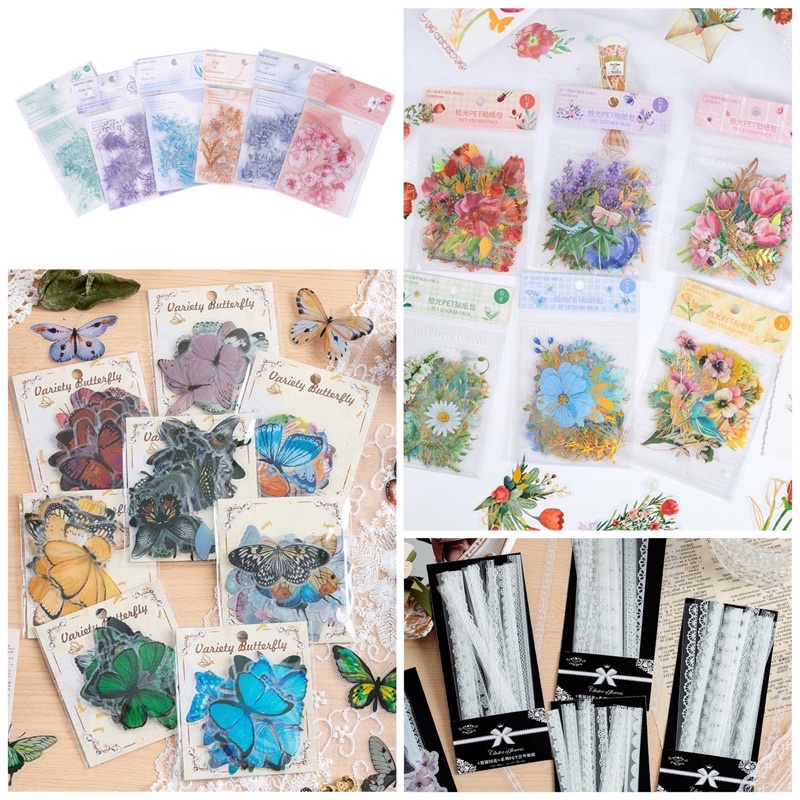 

10pc sticker bahan PET for scrapbook journal journaling bujo flower leaf butterfly lace border SP4