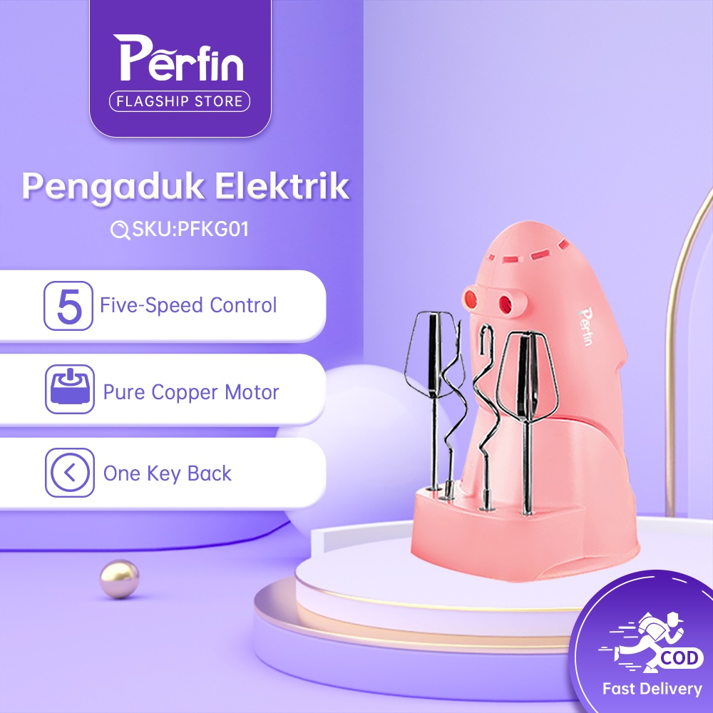 Perfin PFKG01 Pink Hand Mixer 5 Kecepatan (Dengan basis)