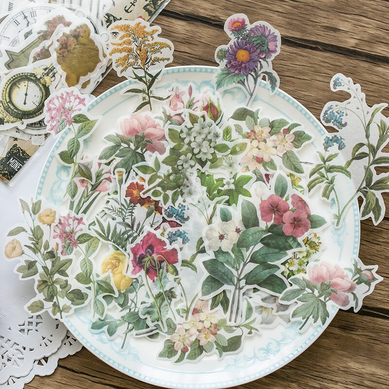 Journamm 60pcs Vintage Plant Stickers Deco Journaling Stationery Washi Paper Retro Material Flowers Leaves Plants Deco Stickers-2