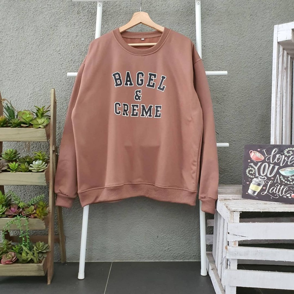 Sweater Bagel &amp; Creme Sweatshirt Crewneck Oversize Bahan Fleece