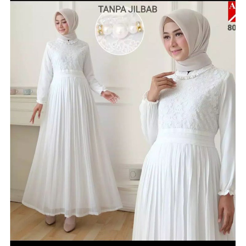 GAMIS PUTIH WANITA GAMIS BRUKAT PUTIH BUSANA LEBARAN