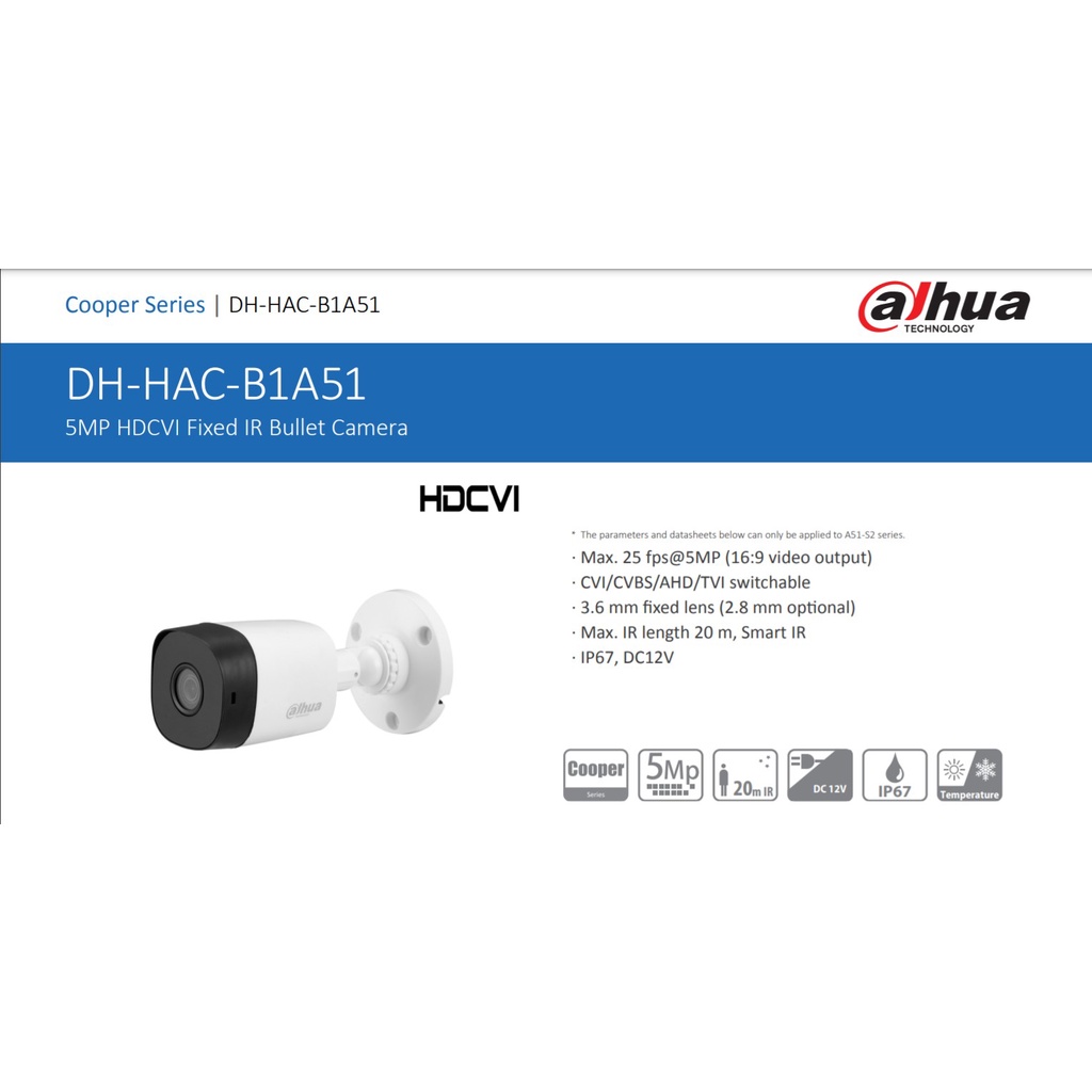 Kamera CCTV Outdoor DAHUA 5MP DH-HAC-B1A51P-S2 NEW 16:9 Bonus 2 BNC DRAT