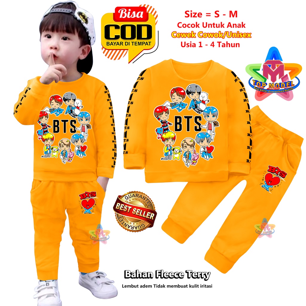 Setelan Baju Anak BTS BT21 UNISEX 1-4 Tahun Cewek Cowok,TM0004 B terbaru dan termurah Bahan Fleece Terry