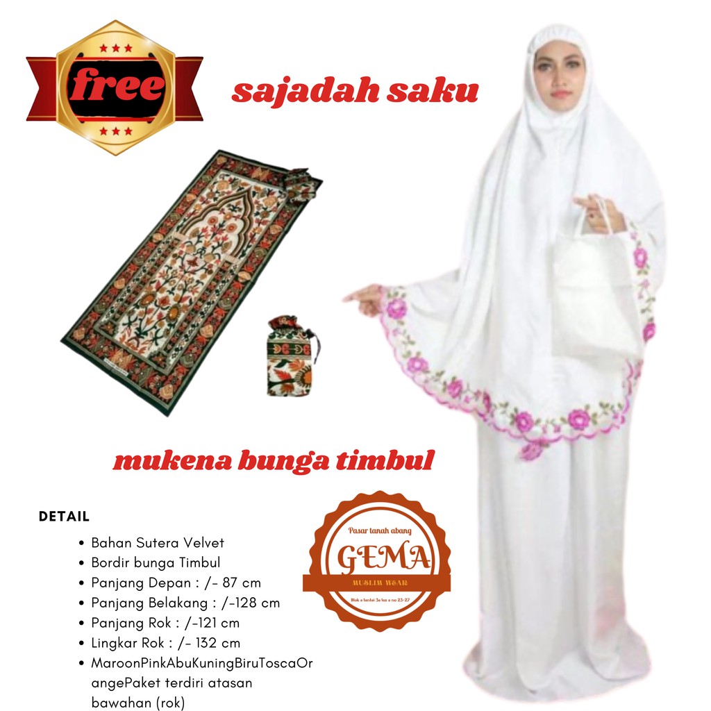 mukena sutra velvet bunga timbul free sajadah