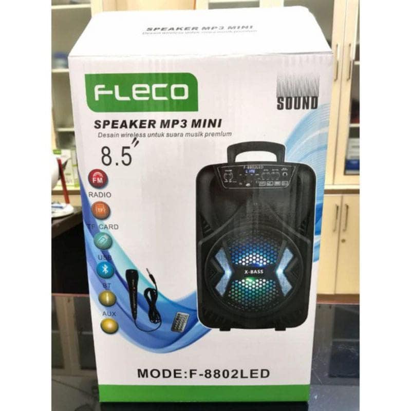 Speaker Bluetooth Karaoke Fleco F-8802 LED 8,5 Inch Gratis Microphone+Remote Super Bass