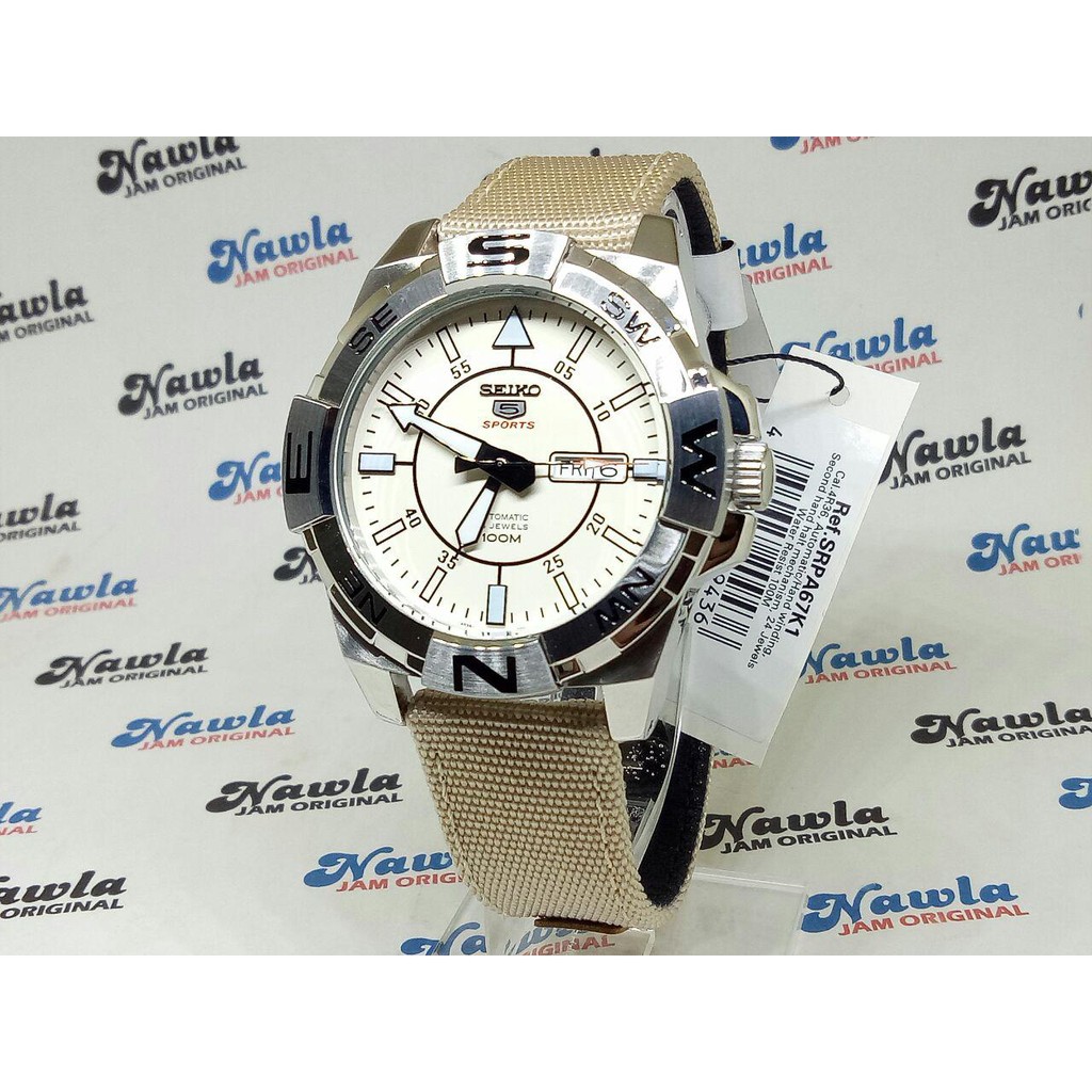 Seiko 5 Sports SRPA67K1 Beige Canvas Leather - Jam Tangan Pria SRPA67