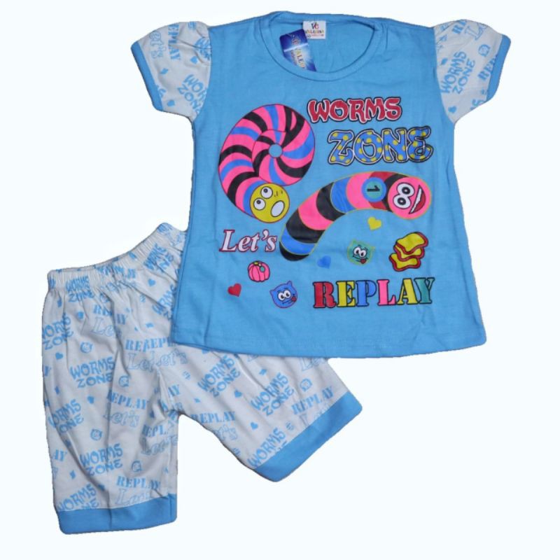 SETELAN BAJU ANAK PEREMPUAN 2-6 TAHUN MOTIF WORM ZONE LETS REPLAY LENGAN PENDEK CELANA PENDEK-2