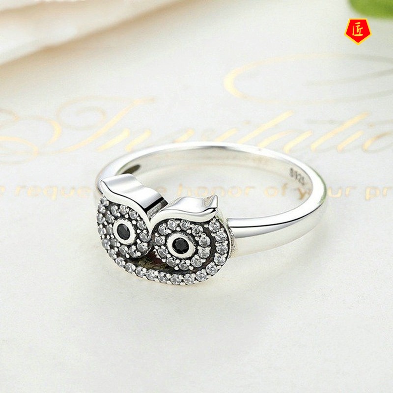 [Ready Stock]Vintage Silver Diamond Cute Creative Owl Ring