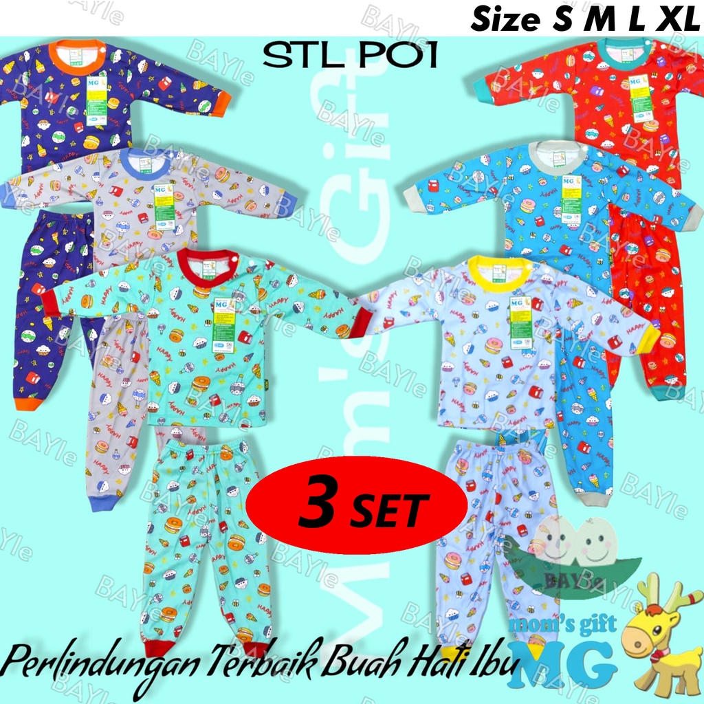 BAYIe - 3 SET Setelan PANJANG Anak/Bayi FULL PRINT Motif CAKE STL-P01 MOM'S GIFT SNI Bahan 100% Katun DK PREMIUM Size S - XL