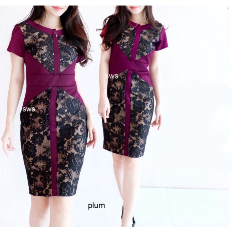 SELLA DRESS - Dress Pesta Kondangan Brukat Lace Wanita Dress Kerja Kantor Span Scuba Party Dress
