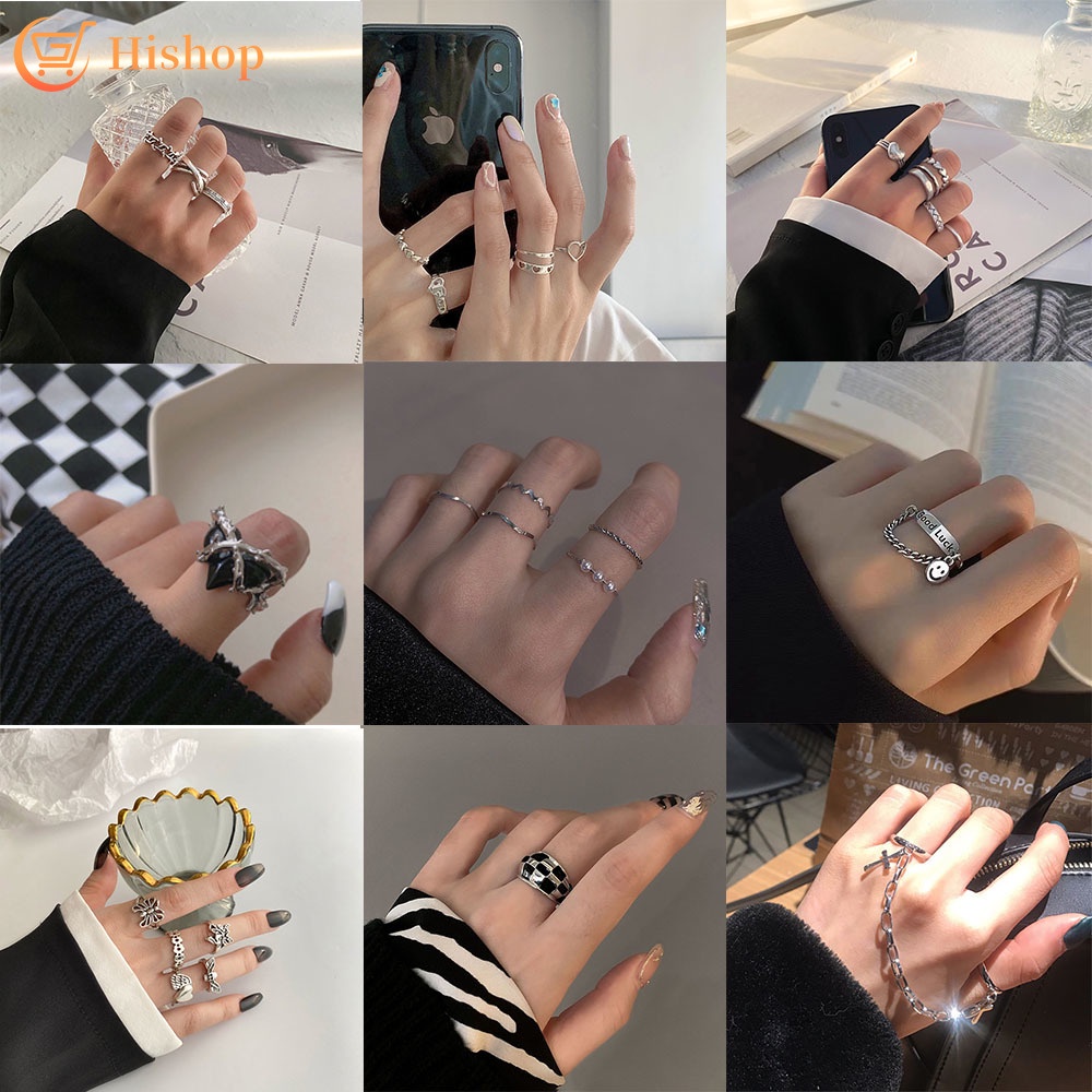 Set Cincin Adjustable Motif Kotak-Kotak Aksen Mutiara Warna Silver Gaya Korea Untuk Wanita