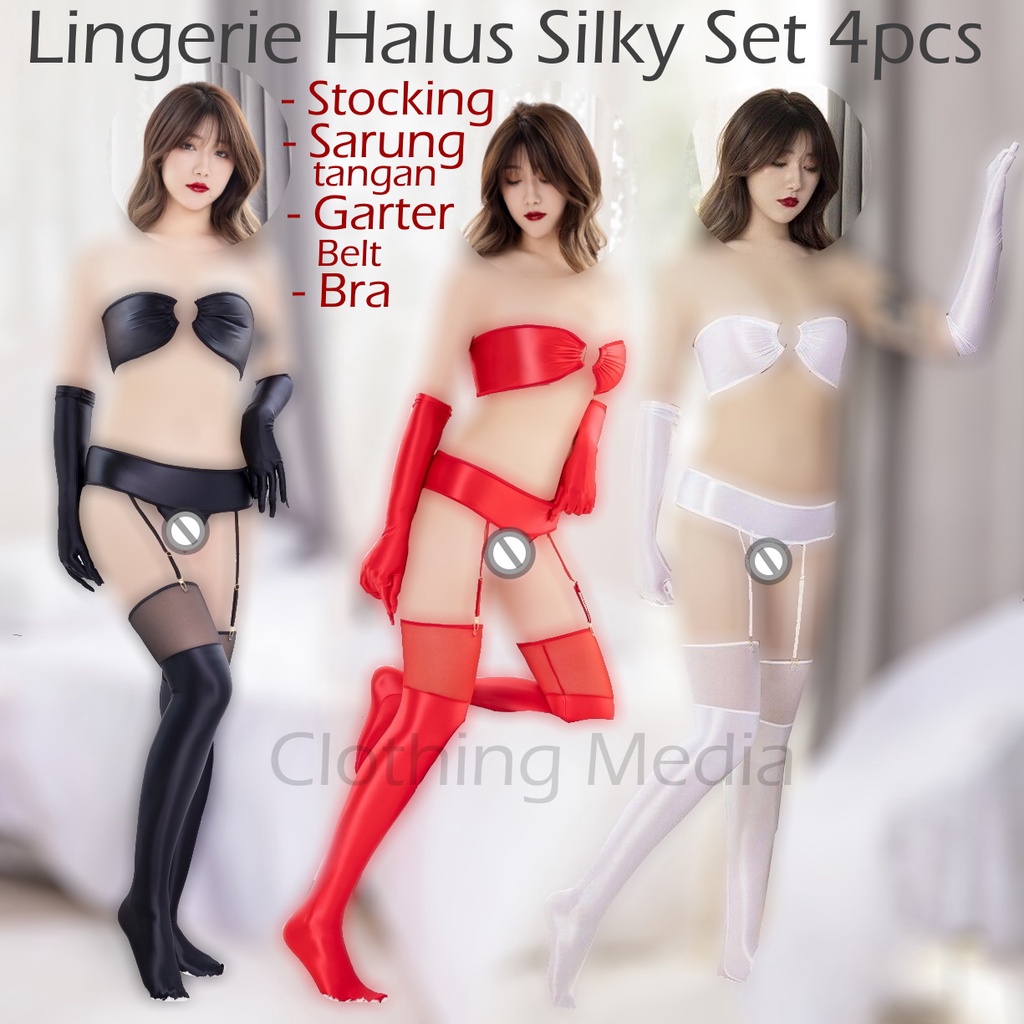 Lingerie Silky Set Bra Stocking Garter Belt Set Sarung Tangan Halus Glossy