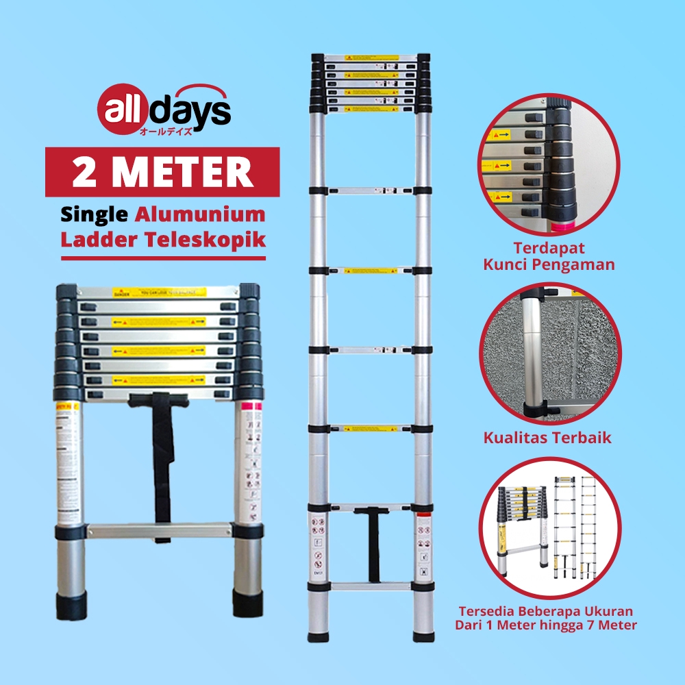 Alldays Tangga Lipat Teleskopik Single 2 METER Alumunium Ladder Bahan Kuat, Praktis, Simple