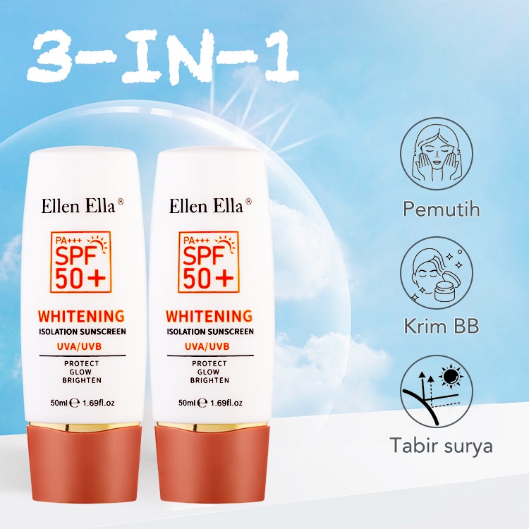 【Stok tersedia, tiba dalam 3 hari】ELLEN ELLA 3-in-1 SPF90+ PA+++ Whitening Krim Tabir Surya Tabir surya untuk Wajah dan Tubuh tahan air matahari kulit peri SPF90+ PA+++ UVA/UVB Anti-penuaan 1 pc 50ml EES001