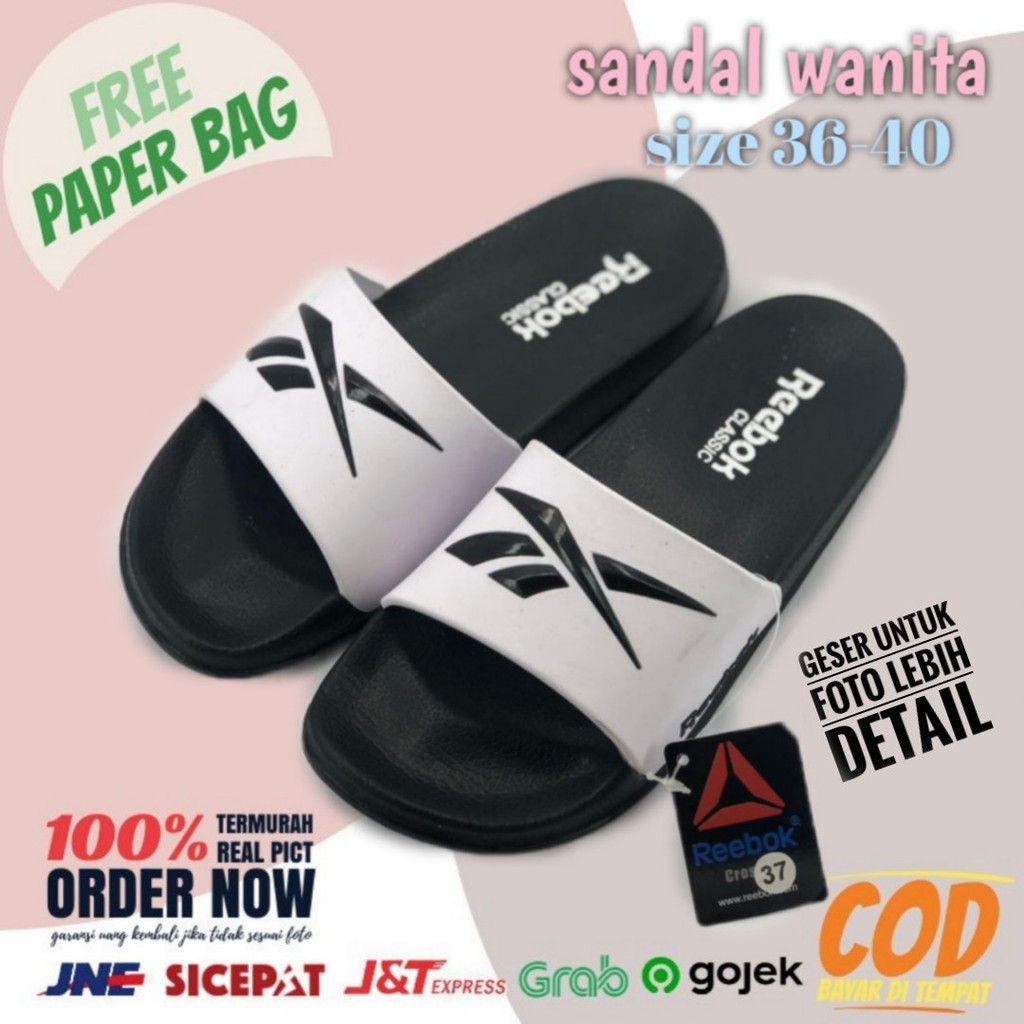 SENDAL SLIP SANDAL REEBOK SPORT SELOP FLIP FLOP HITAM PUTIH PRIA WANITA IMPORT GRADE ORIGINAL MURAH