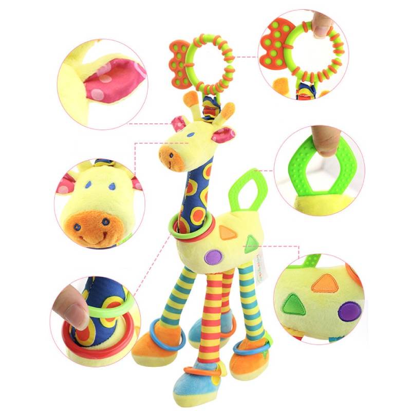 Mainan Rattle Teether Boneka Jerapah Bahan Katun Plush Lembut Untuk Bayi