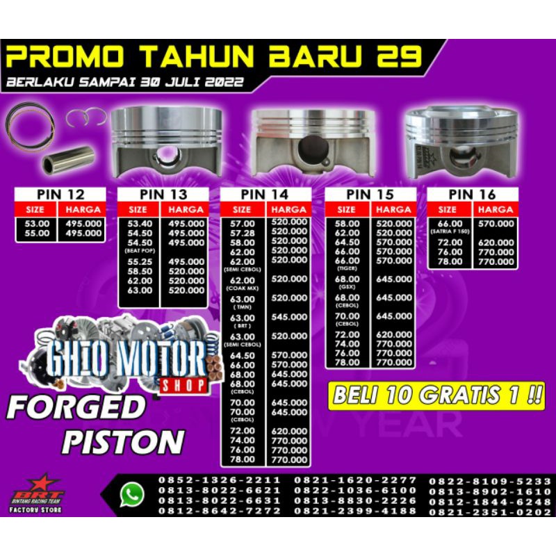 Forged Piston + Ring Set BRT Seher Dan Ring seher set Pin 13 Dan 14 Set Piston BRT Porged Pin 13 &amp; 14 Seher porged Ring seher Porged BRT Seher BRT Racing Porged