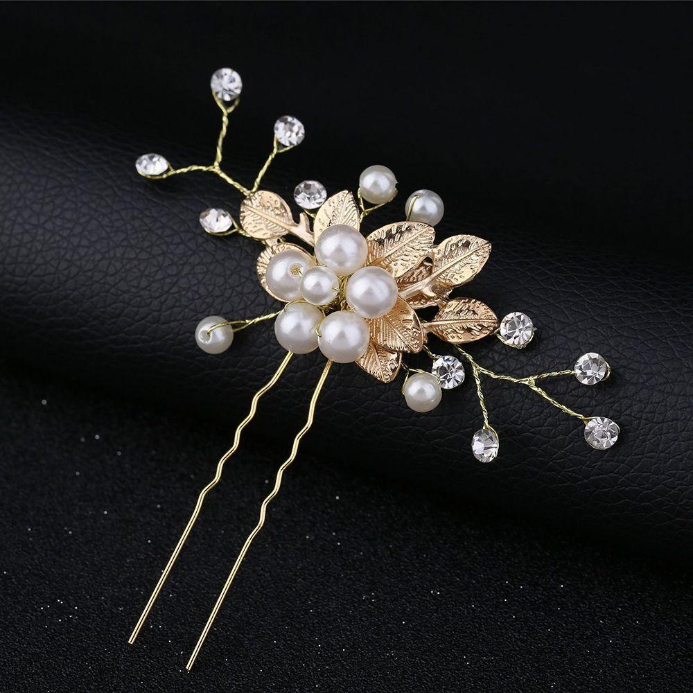 Needway   Kristal Bunga Jepit Rambut Aksesoris Rambut Fashion Wanita Hair Clip Perhiasan Pernikahan Pesta Ulang Tahun Mutiara Bunga Daun Emas