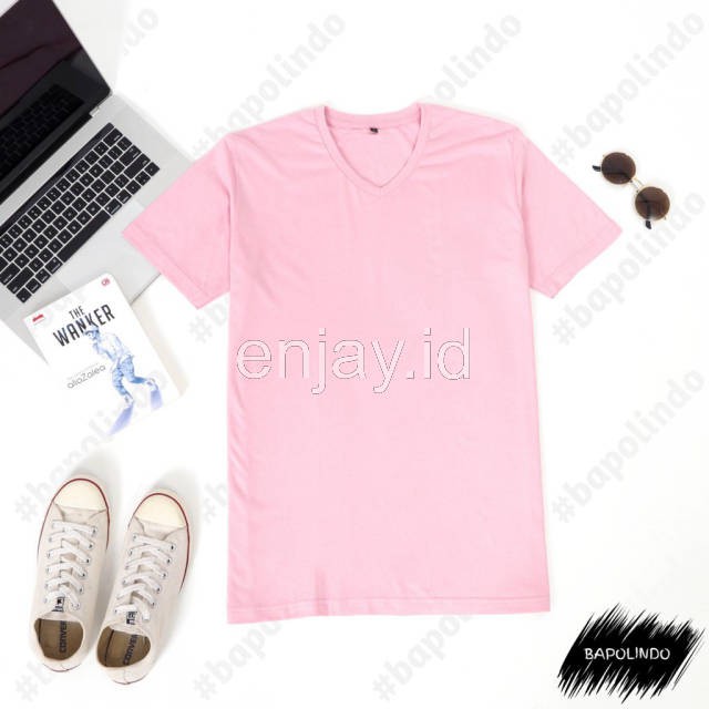 enjay.id - PREMIUM Kaos warna Baby Pink oblong ANTI BAKTERI Leher V neck lengan pendek Original