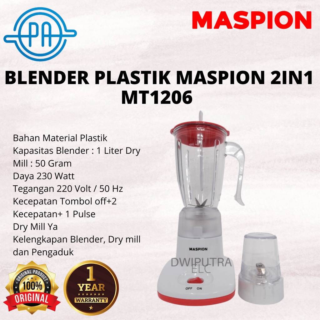 BLENDER PLASTIK MASPION 2IN1 MT1206 MT 1206