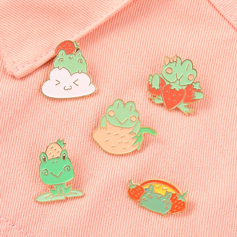 Quack Enamel Pin Frog Strawberry Lotus Leaf Brooches Bag Lapel Pin Cartoon Animal Badge Jewelry Gift for Kids Friends