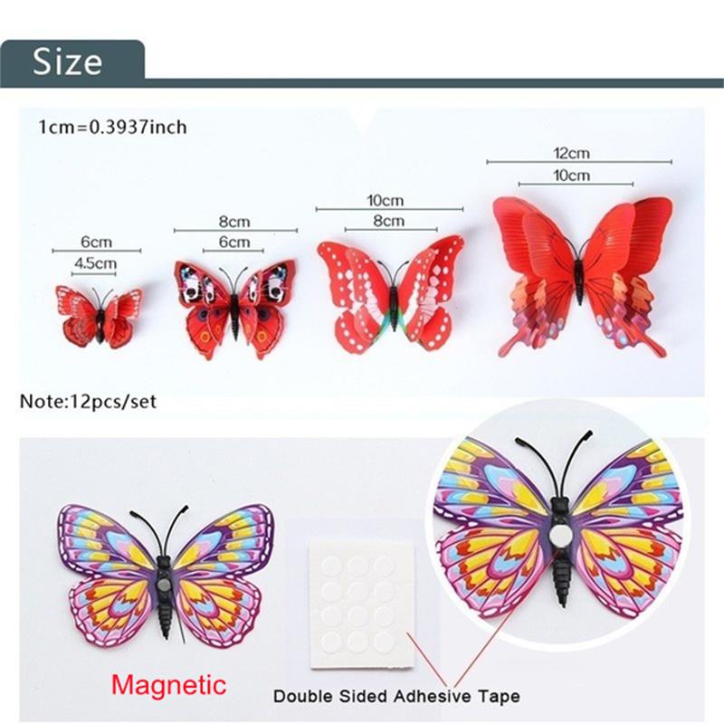 12Pc/Set Colorful Double Layer 3D Magnetic Butterfly Wall Sticker /  Butterflies Refrigerator Magnet Stickers