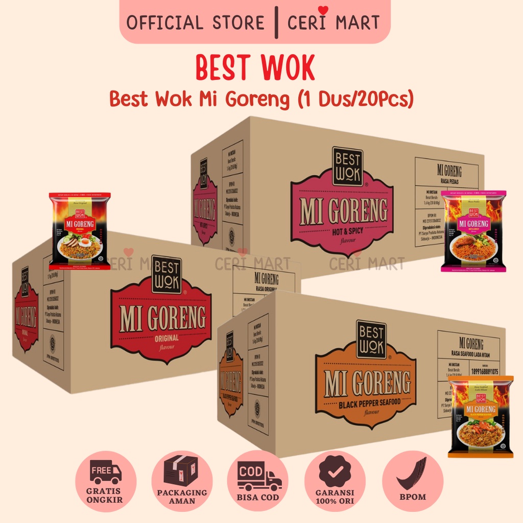 Best Wok Mi Mie Goreng 1 DUS 20 pcs Bisa Mix Original Hot & Spicy Blackpepper Black Pepper Seafood I