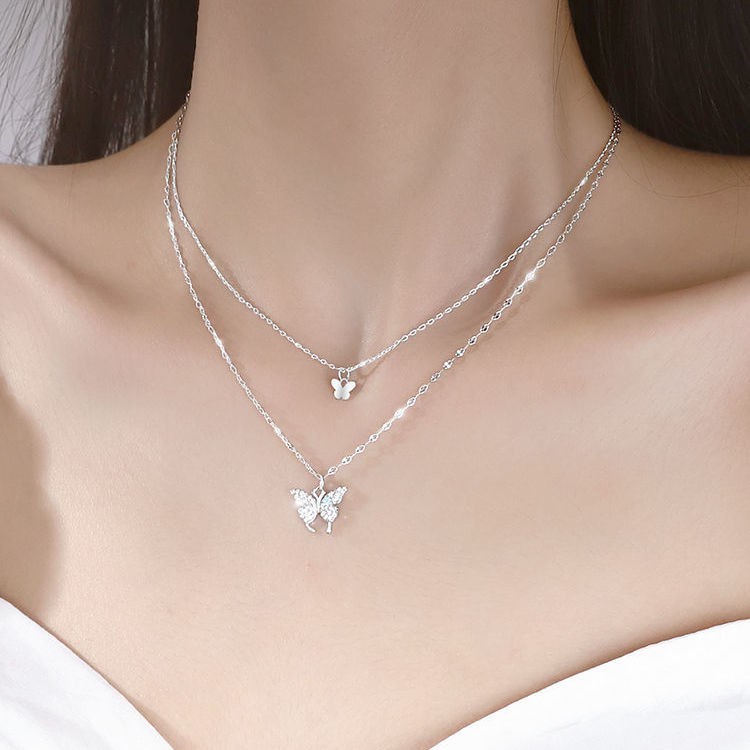 Kalung Rantai Silver 925 Multi layer Liontin Kupu-Kupu Hias Zircon Gaya Korea Untuk Wanita