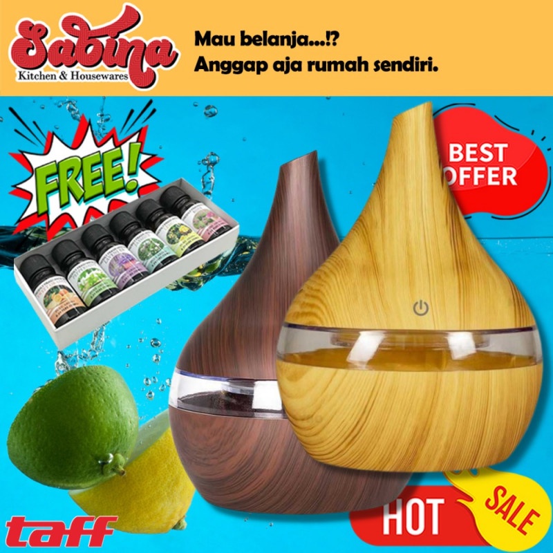 Humidifier Pelembab Udara Model Kayu 300ml Free Essential Oil 6 Pcs